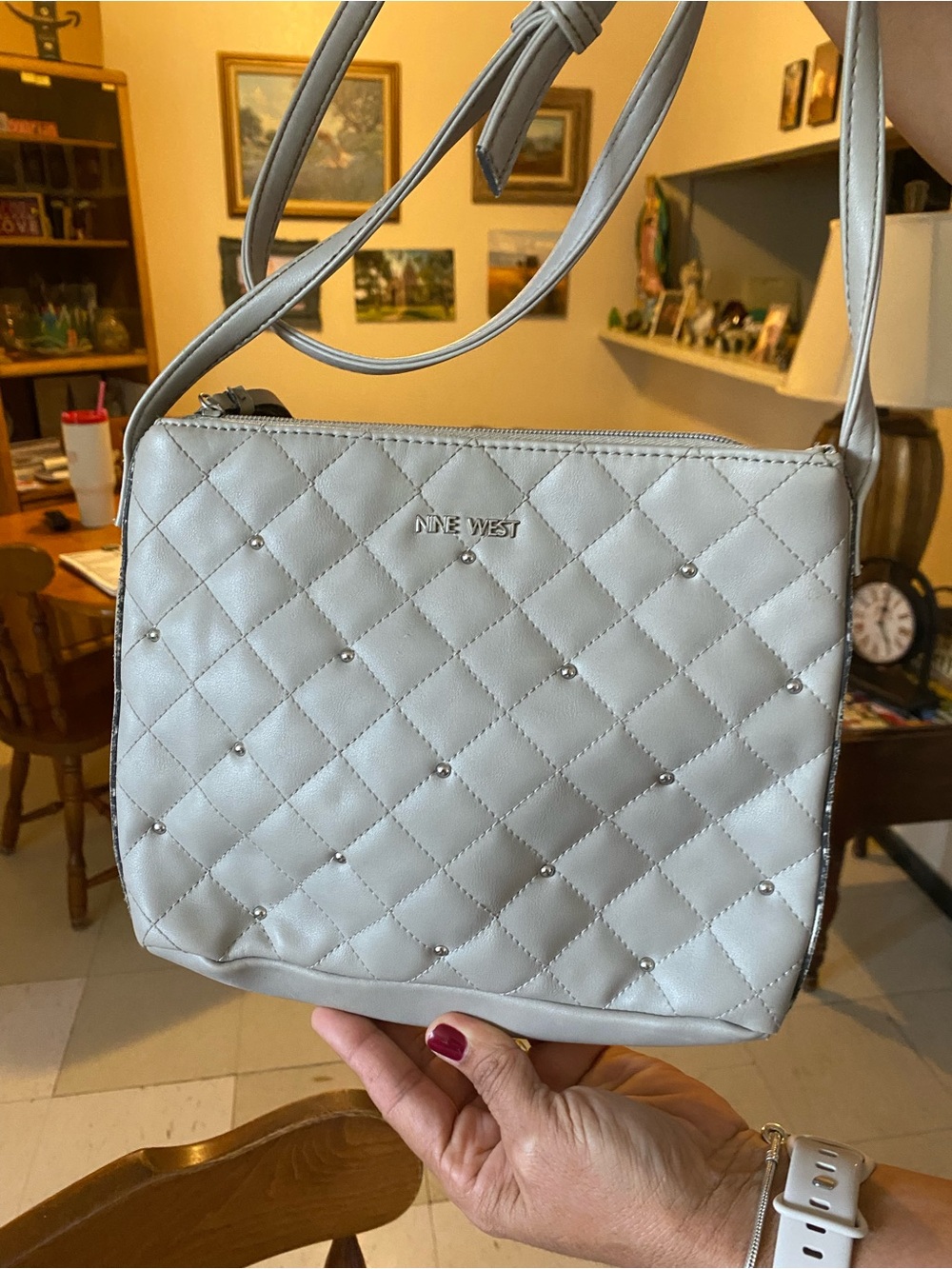 Nine West Quilted Crossbody Bag in Light Gray with Stud Accents